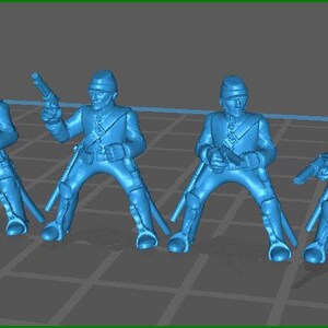 May include: Five blue plastic toy soldiers standing in a row. Each soldier is holding a rifle and has a hat on their head. The soldiers are posed in a marching formation.