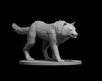 Puede incluir: Un modelo 3D impreso en gris de un lobo detallado, de pie sobre una base redonda. El lobo está en posición de gruñido, con la cabeza girada hacia un lado.
