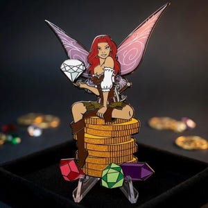 May include: A fantasy-themed enamel pin featuring a red-haired fairy with purple and pink wings, holding a diamond. She sits atop a stack of gold coins, with colorful gems at the base. The pin has a detailed design and a black background.