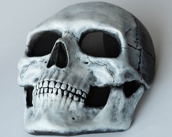 May include: A white and black skull mask with a detailed design. The mask has a realistic look with visible teeth and eye sockets.