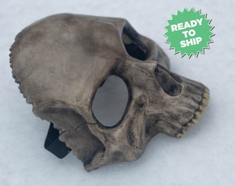 Peut inclure: Un masque de crâne peint à la main, détaillé, avec une texture osseuse réaliste et une sangle élastique noire. Le masque est fait d'un matériau durable et a un aspect légèrement vieilli.