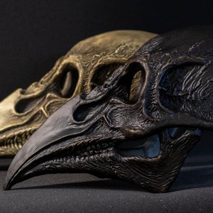 May include: Two bird skull sculptures. One is a metallic gold color, and the other is a dark, matte black. Both have detailed textures and are set against a dark background. The skulls are side by side, showcasing their intricate designs.