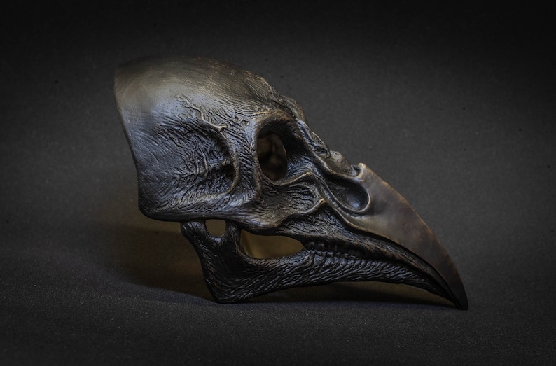 May include: A detailed, dark bronze-colored raven skull mask. The mask has a textured surface with visible ridges and a prominent beak. The eye sockets and nasal cavity are clearly defined, giving it a realistic appearance. The mask is likely for costume or decorative purposes.