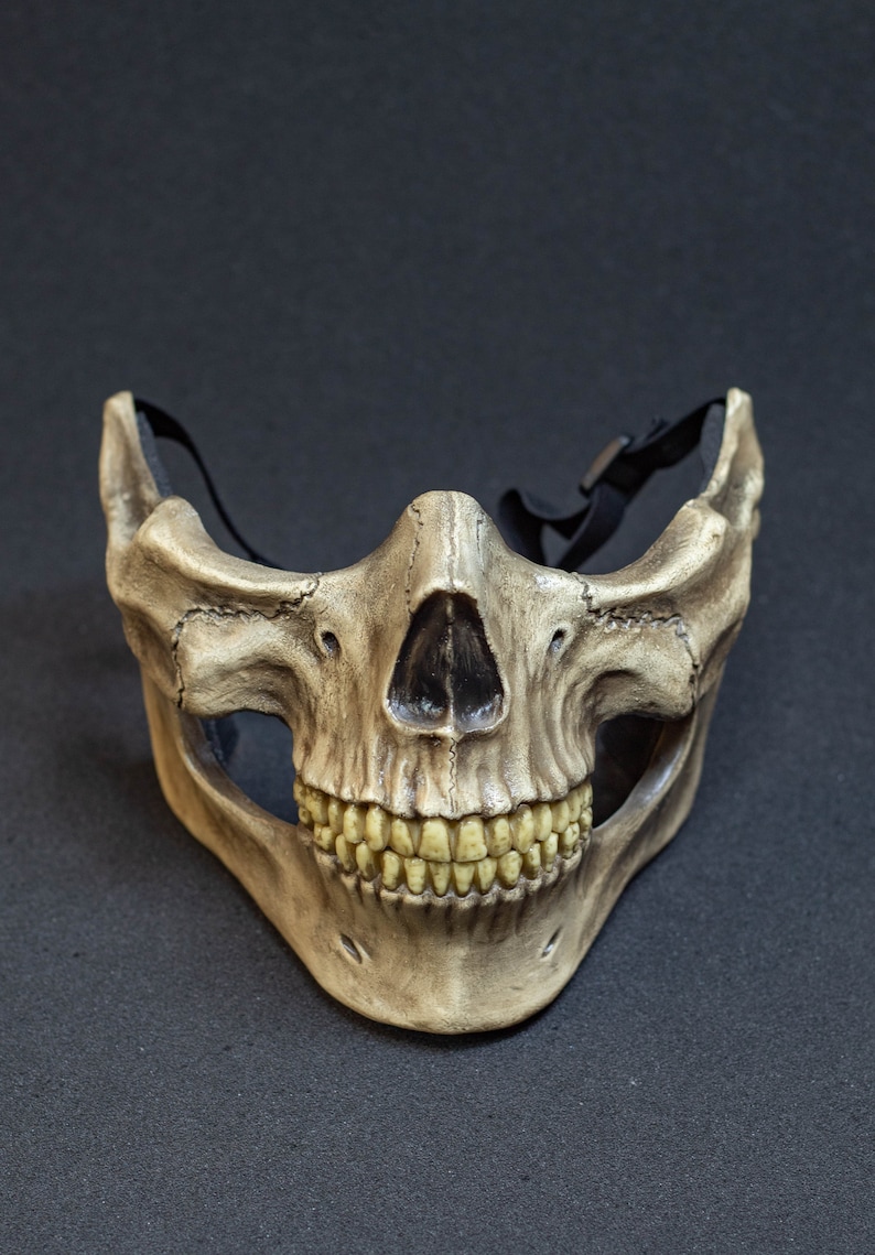 Pu&ograve; includere: Una maschera a mezza faccia a forma di teschio con un aspetto invecchiato simile all'osso. La maschera presenta una dettagliata raffigurazione di un teschio umano, compresi denti e cavit&agrave; nasale. Ha un cinturino nero regolabile.