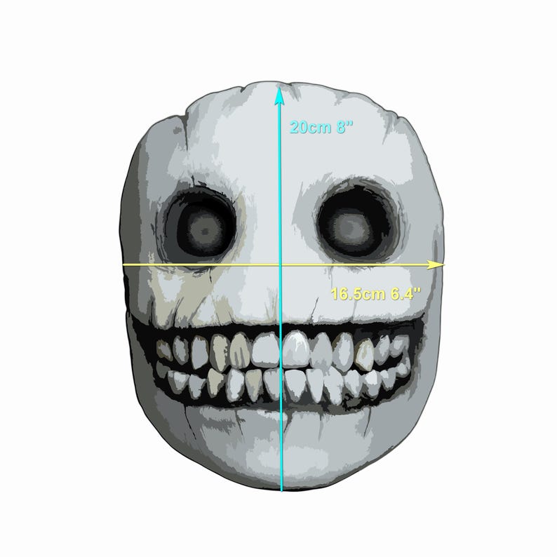 May include: A light gray mask with large, dark eye sockets and a wide, toothy grin. The mask measures 8 inches high and 6.4 inches wide, with a textured surface. The mask is a prop or costume piece.