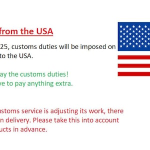 May include: Text on a white background with the US flag. The text reads: "For buyers from the USA. From 08/29/2025, customs duties will be imposed on goods shipped to the USA. Our store will pay the customs duties! You will not have to pay anything extra."