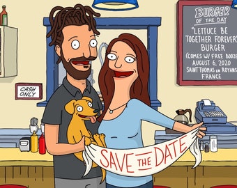 Save the Date, Wedding Announcement! Bob's Burgers, Cartoon style custom portrait order. BEST AVAILABLE! Become an animated character.