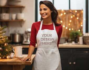 Christmas White Apron Mockup, Kitchen Mockup, Holiday Apron Stock Photo, Women's Apron Image, Holiday Gift, Apron Mockup, Christmas Apron