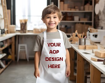 All Over Print Kids Apron Mockup, Editable Photo Mockup, White Apron with withe Straps, Photoshop Edit, Boy Apron Template, PSD file