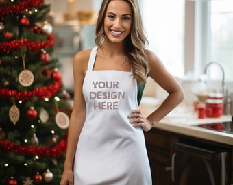Christmas White Apron Mockup, Kitchen Mockup, Holiday Apron Stock Photo, Women's Apron Image, Holiday Gift, Apron Mockup, Christmas Apron