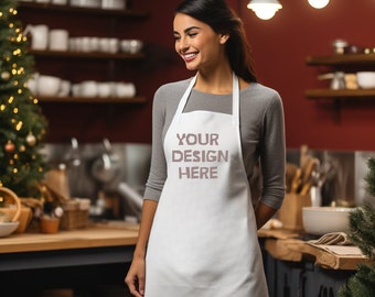 Christmas White Apron Mockup, Kitchen Mockup, Holiday Apron Stock Photo, Women's Apron Image, Holiday Gift, Apron Mockup, Christmas Apron
