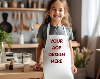 All Over Print Kids Apron Mockup, Editable Photo Mockup, Girl White Apron with White Straps, Photoshop Edit, Apron Template, PSD file