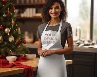 Christmas White Apron Mockup, Kitchen Mockup, Holiday Apron Stock Photo, Women's Apron Image, Holiday Gift, Apron Mockup, Christmas Apron