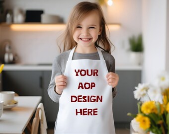 All Over Print Kids Apron Mockup, Editable Photo Mockup, White  girl Apron with withe  Straps, Photoshop Edit, Apron Template, PSD file
