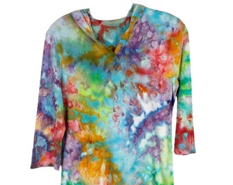 Electric Love Tie Dye Hanes Womens Size Small Top Tie Dyed Blouse Hooded Blue Red Purple Green Cotton Handmade Art to Wear Hippie Summer