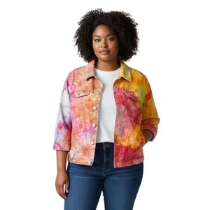 Denim & Co Plus Size 1X Denim Jacket Handmade Tie Dye Jean Rainbow Boho 1097