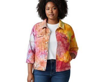 Denim & Co, plus size 1 x spijkerjack, handgemaakte tie-dye jean regenboog boho 1097