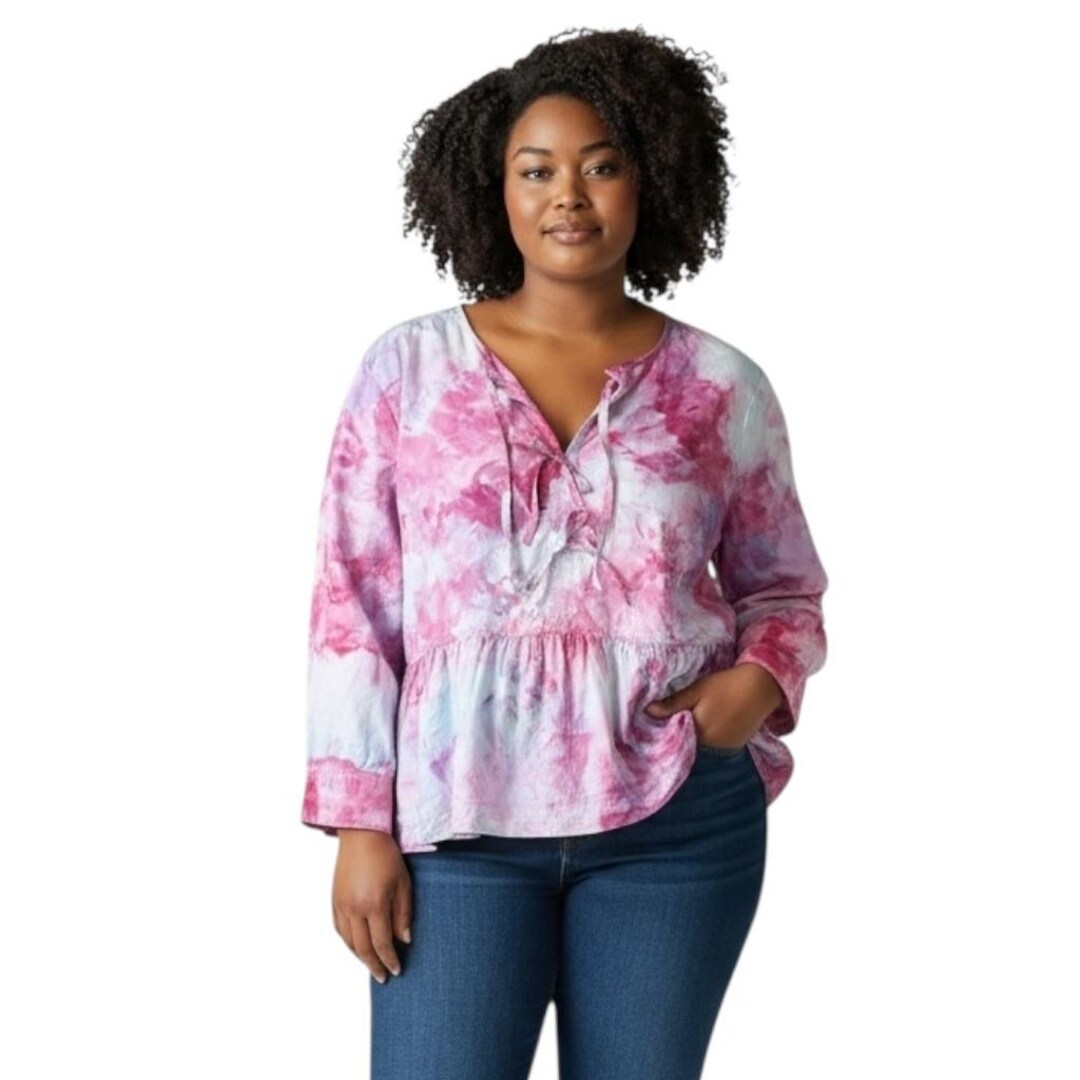 Free Assembly Plus Size 1X Top Handmade Tie Dye Peplum Pink Tie