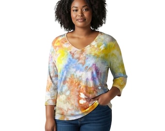 Erdiges Tie Dye Top, Chicos Größe Große Bluse, Handgefärbt Gelb Orange Blau V Ausschnitt 3/4 Ärmel Boho Crunchy Granola Hippie 1746