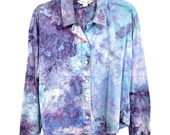 Purple Skies Tie Dye Button Down, Old Navy Large Top, Handmade Hand Dyed Shirt Long Sleeve Hippie Art Teacher Boho Whimsy Galaxy 904