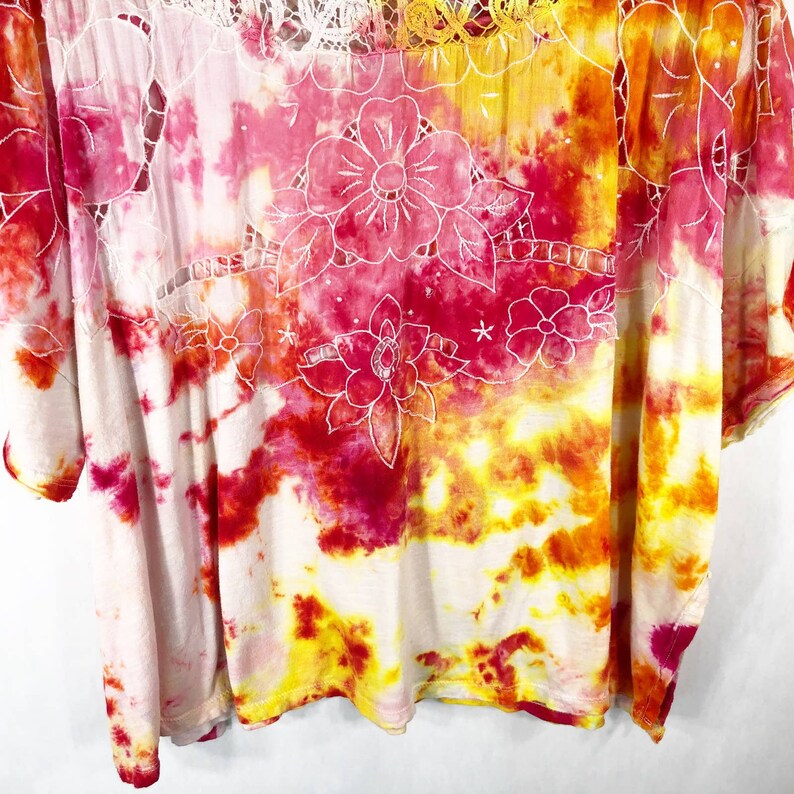 Tie Dyed We the Free People Small Top Handmade Tie Dye Daffodil Darling Lace Yellow Pink 410 image 5