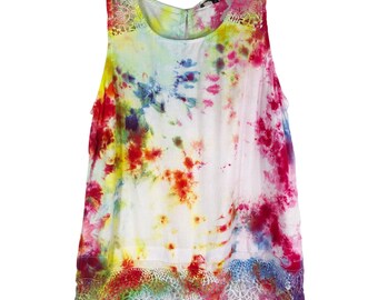 Galaxy Garden Tie Dye Jeanne Pierre Small Top Handmade Tie Dye Pink Yellow Crochet 537