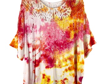 Tie Dyed We the Free People Small Top Handmade Tie Dye Daffodil Darling Lace Yellow Pink 410