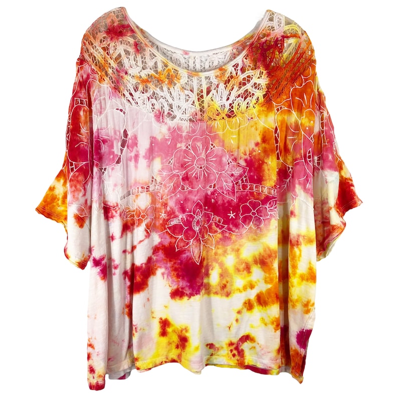 Tie Dyed We the Free People Small Top Handmade Tie Dye Daffodil Darling Lace Yellow Pink 410 image 1