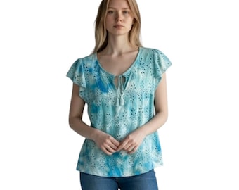 Blau Wolken Tie Dye Top, Alte Marine Mittlere Bluse, Öse Babydoll Handgefärbt Handgefärbt Boho Bauer Whimsy Artsy Preppy Cottagecore 1740