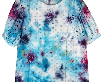 Powder Puff Tie Dyed Elizabeth y James XS Top hecho a mano Tie Dye azul púrpura rosa 1370