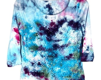 Blusa con efecto tie-dye y encaje frontal, talla pequeña, con efecto jardín, teñida a mano, hecha a mano, en azul, morado, rosa, estilo bohemio, para festivales, arte vibrante 1521