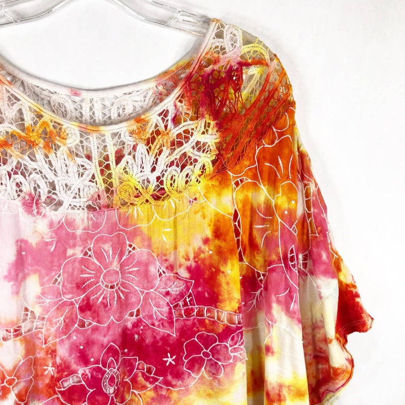 Tie Dyed We the Free People Small Top Handmade Tie Dye Daffodil Darling Lace Yellow Pink 410 image 3