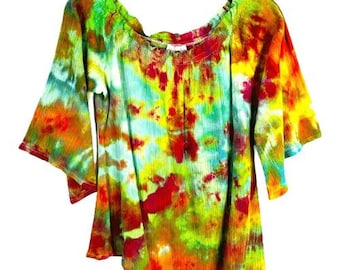 Weiche Umgebung Handgefertigtes Tie Dye Top, Größe S Off Schulter Bluse, Good Times Hand Gefärbt Asymmetrischer Saum Boho Festival Lebendige Drapey 887