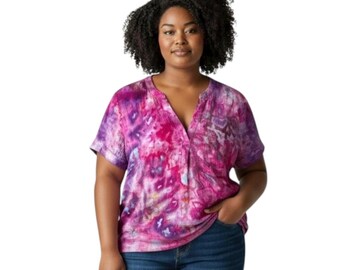 Lila Pop Tie Dye Top, J. Crew Größe XL Bluse, Handgefärbte Handgemachte luftige Boxy Tunika Hot Pink Kurzarm Boho Artsy V-Ausschnitt Preppy 1745
