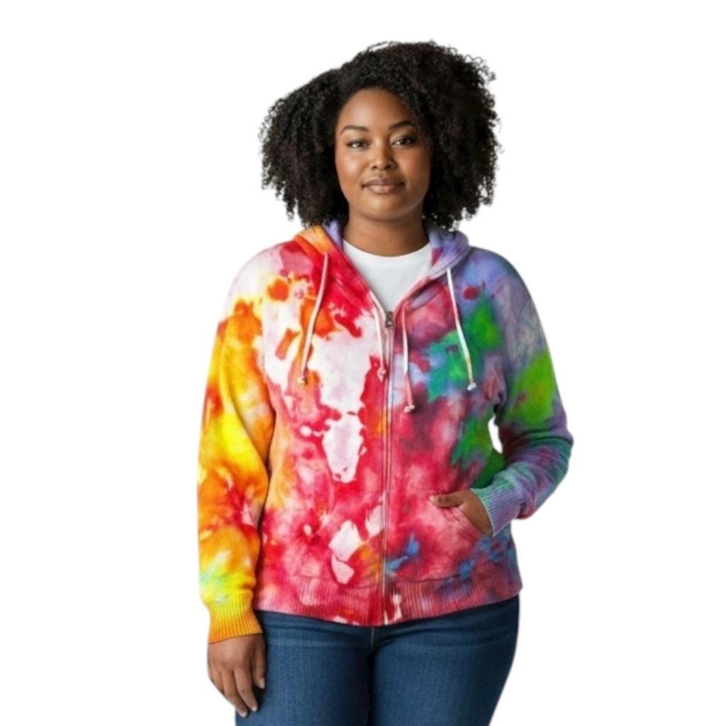 Tie Dye Hoodie Full Zip Jacket, NorthStyle Size XL Sweater, Hand Dyed Handmade Cotton Knit Zip Up Rainbow Artsy Boho Festival 1742