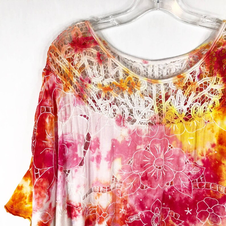 Tie Dyed We the Free People Small Top Handmade Tie Dye Daffodil Darling Lace Yellow Pink 410 image 4