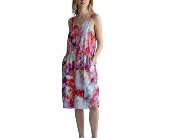 Altes Marine Medium Kleid Handmade Tie Dye Leinen Knopf Taschen Vorne Rosa Boho 1750