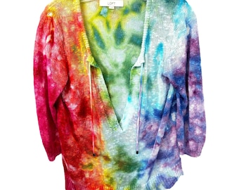 LOFT Medium Top Handmade Tie Dye V Ausschnitt Strickpullover Regenbogen Festival Boho 1752