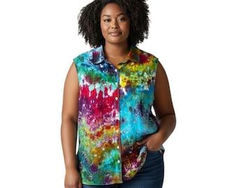 Farbenfrohes Leinen Batik Tank Top, Talbots Größe XL Bluse mit Knöpfen, Handgefärbtes ärmelloses Button Down Festival Artsy Urlaub 1736