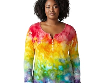 Regenbogen Henley Tie Dye Top, Talbots Größe XL Bluse, Handgefärbte Handgemachte Langarm Baumwolle Pride Festival Parade Preppy Hippie Artsy 1741