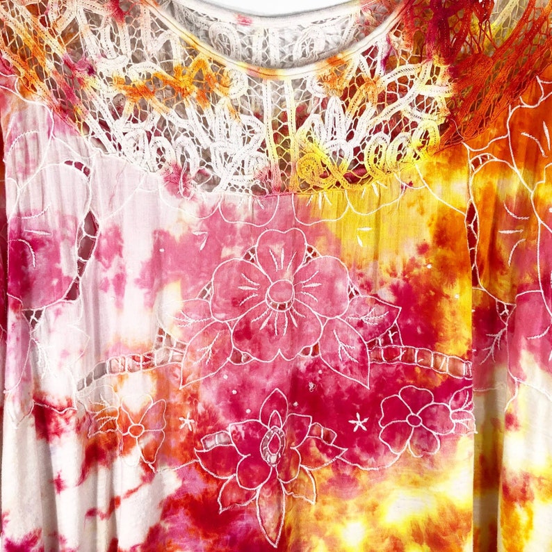 Tie Dyed We the Free People Small Top Handmade Tie Dye Daffodil Darling Lace Yellow Pink 410 image 6