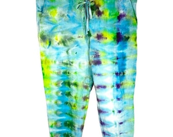 Blue Tie Dye Linen Pants, HM Size XL Pants, Dreaming Hand Dyed Handmade Green Cropped Pockets Coastal Vacation Beach Hippie Boho 689