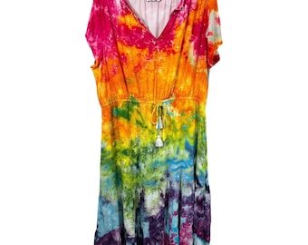 Rainbow Tie Dye Dress, Sonoma Plus Size 2X Dress, Handmade Hand Dyed Tie Dye, Eyelet A-Line Midi Tiered Festival Pride Boho Artsy 932