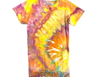 Las Olas Großes Kleid Handmade Tie Dye Fransen Saum Kurzarm Shift Knie 249