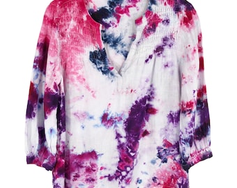 Maracuyá Tie Dyed Joie Small Top Hecho a mano Tie Dye Rosa Púrpura Blanco Lino 1531