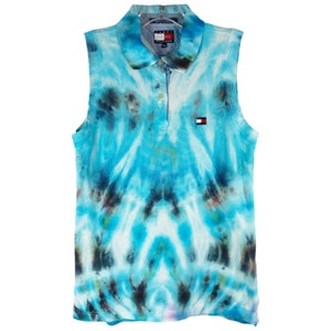 Beautiful Blues Tied Dyed Tommy Hilfiger Medium Top Handmade Tie Dye Black Collar 1516