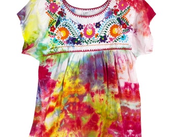 Zaros Blusa Mediana Flores De Granja Tie Dye Hecha A Mano Rosa Naranja Bordada 391
