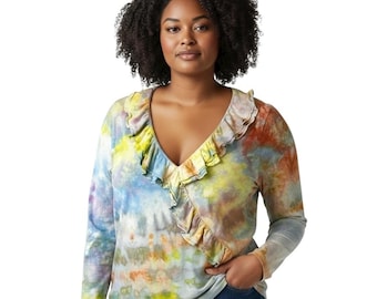 Erdiges Rüschen Tie Dye Top, Chaps Größe Große Bluse, Handgefärbt Handgemacht V Ausschnitt Langarm Boho Festival knusprige Granola Hippie 1747