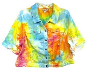 One World XXL Jacke Handmade Tie Dye Kurzarm Regenbogen Denim 185