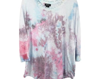 Blusa Suble Tie Dye, Jones & Co, talla grande 3X, hecha a mano, con volantes en azul pálido y morado, estilo hippie, festival, estilo bohemio, 1553